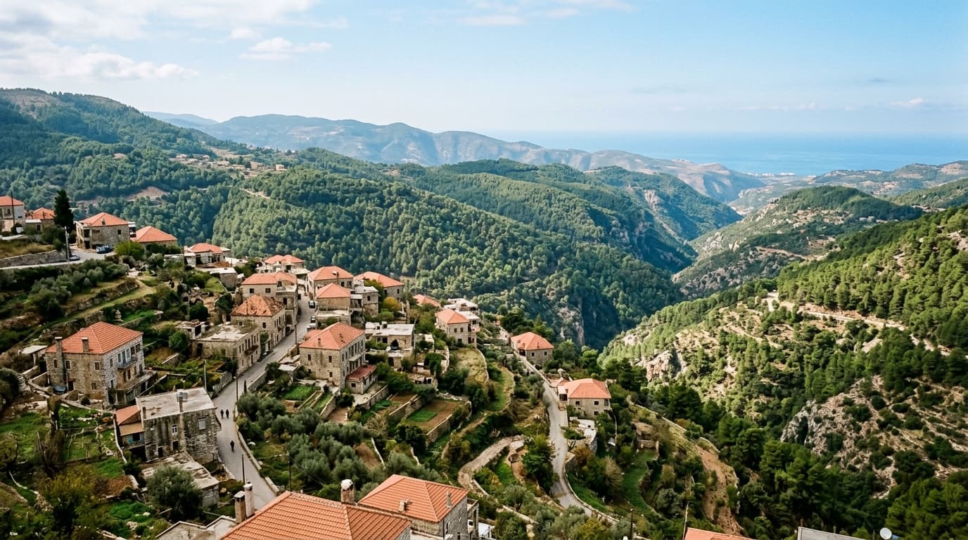Landscape panorama of Baysour in the Mount Lebanon range overlooking pine valleys and historic stone houses